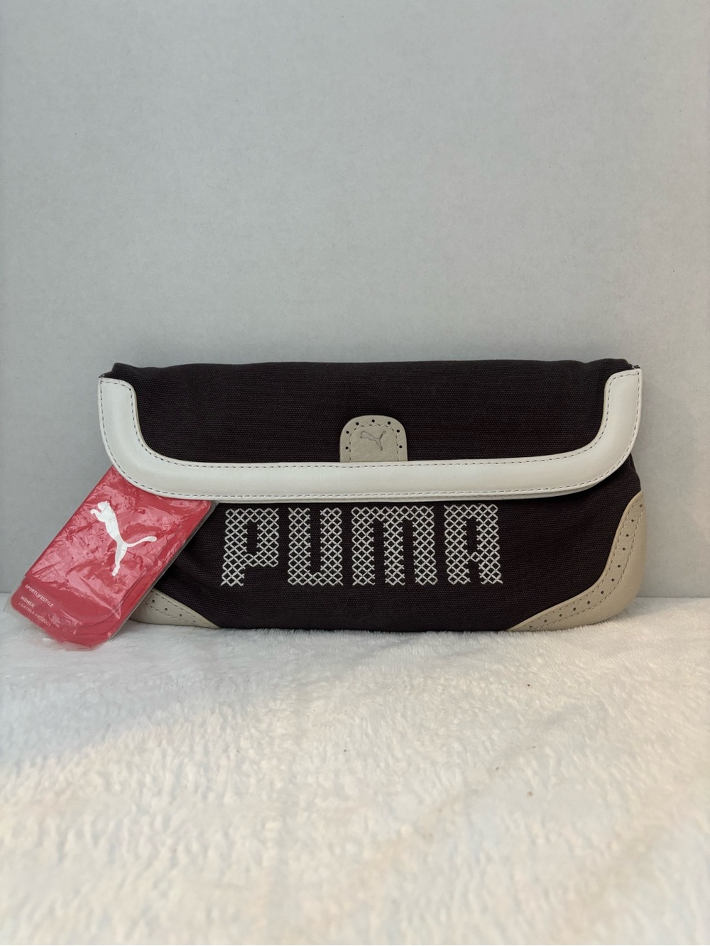 Puma Black and Beige Foldover Crossbody Pouch with Pink Tag